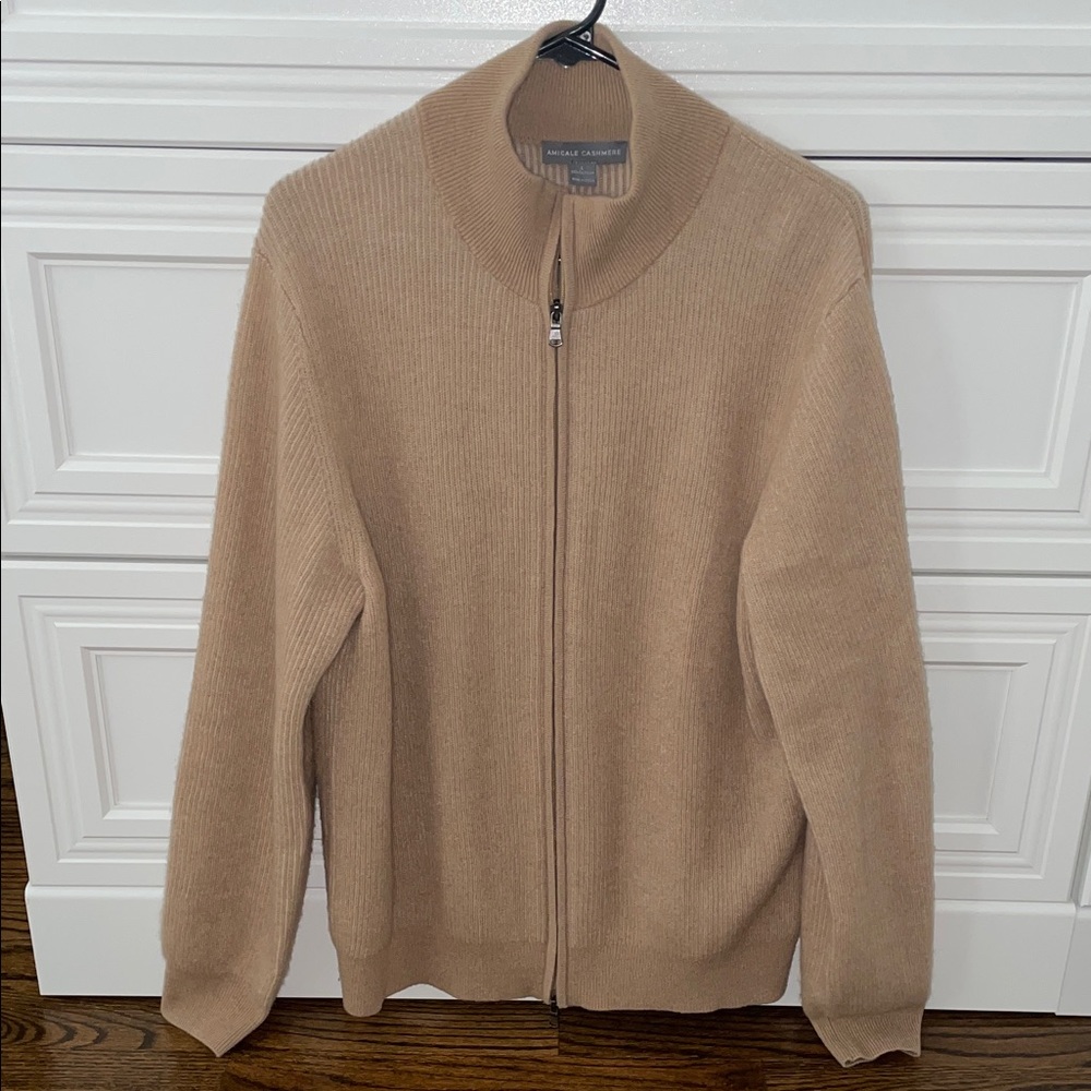 Amicale Cashmere Men's Tan Zip-Up Sweater